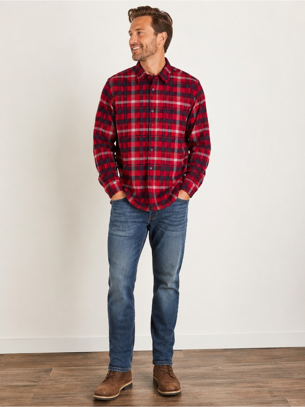 Eddie Bauer Men’s XL Red Plaid Flannel Shirt 100% Cotton Long Sleeve Button Up